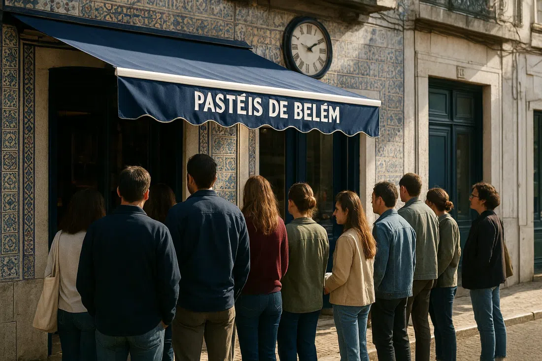 the takeaway queue outside Pastéis de Belém on Rua de Belém, with the tiled bakery facade and people waiting in morning light