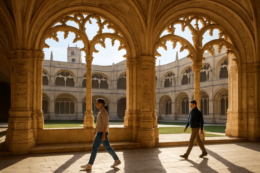 the Manueline cloister of Jerónimos Monastery, with carved stone arches, rope motifs and soft morning shadow across the courtyard
