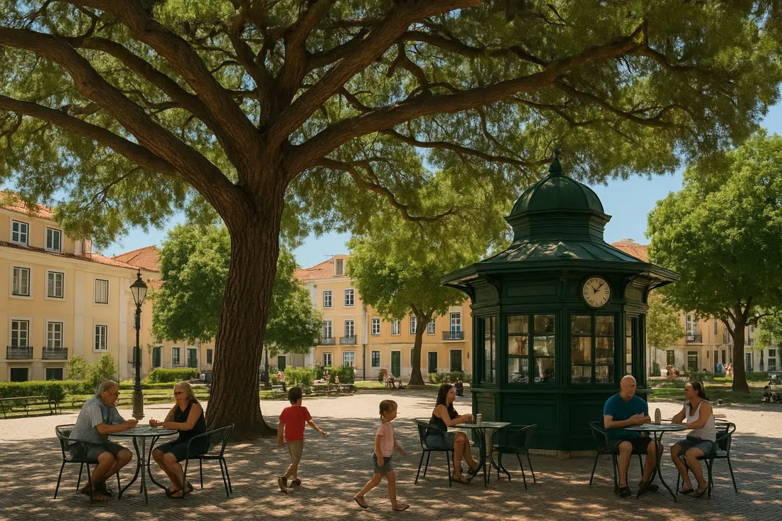 Jardim do Príncipe Real under the vast trained cedar at midday, kiosk tables in the shade, locals lingering with drinks and children moving through the square
