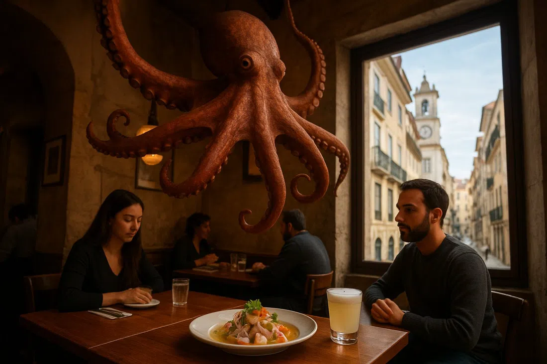 the octopus sculpture hanging over the dining room at A Cevicheria, with a plated ceviche and pisco sour on the table below warm interior light