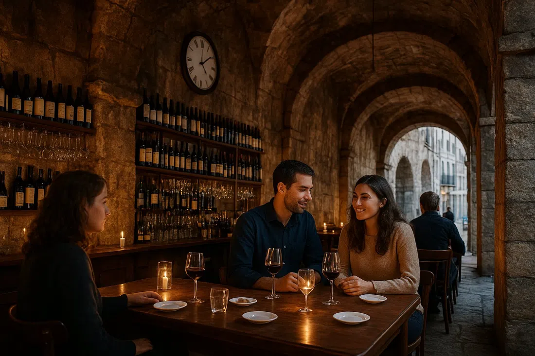 candlelit stone vaults at Enoteca LX with bottles, wine glasses and small plates set against the old aqueduct walls