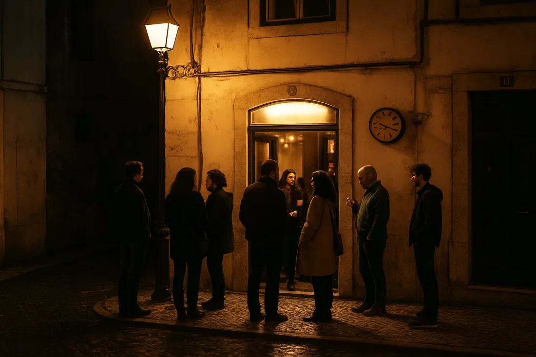the compact entrance of Finalmente on Rua da Palmeira at night, people gathered outside before the late drag show, streetlight reflecting off the pavement