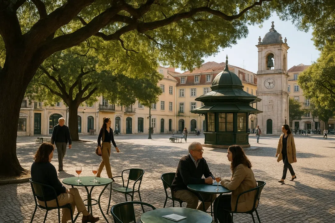 a shaded afternoon scene in Jardim do Príncipe Real with kiosk tables, wine glasses, the broad cedar canopy and people drifting through the square