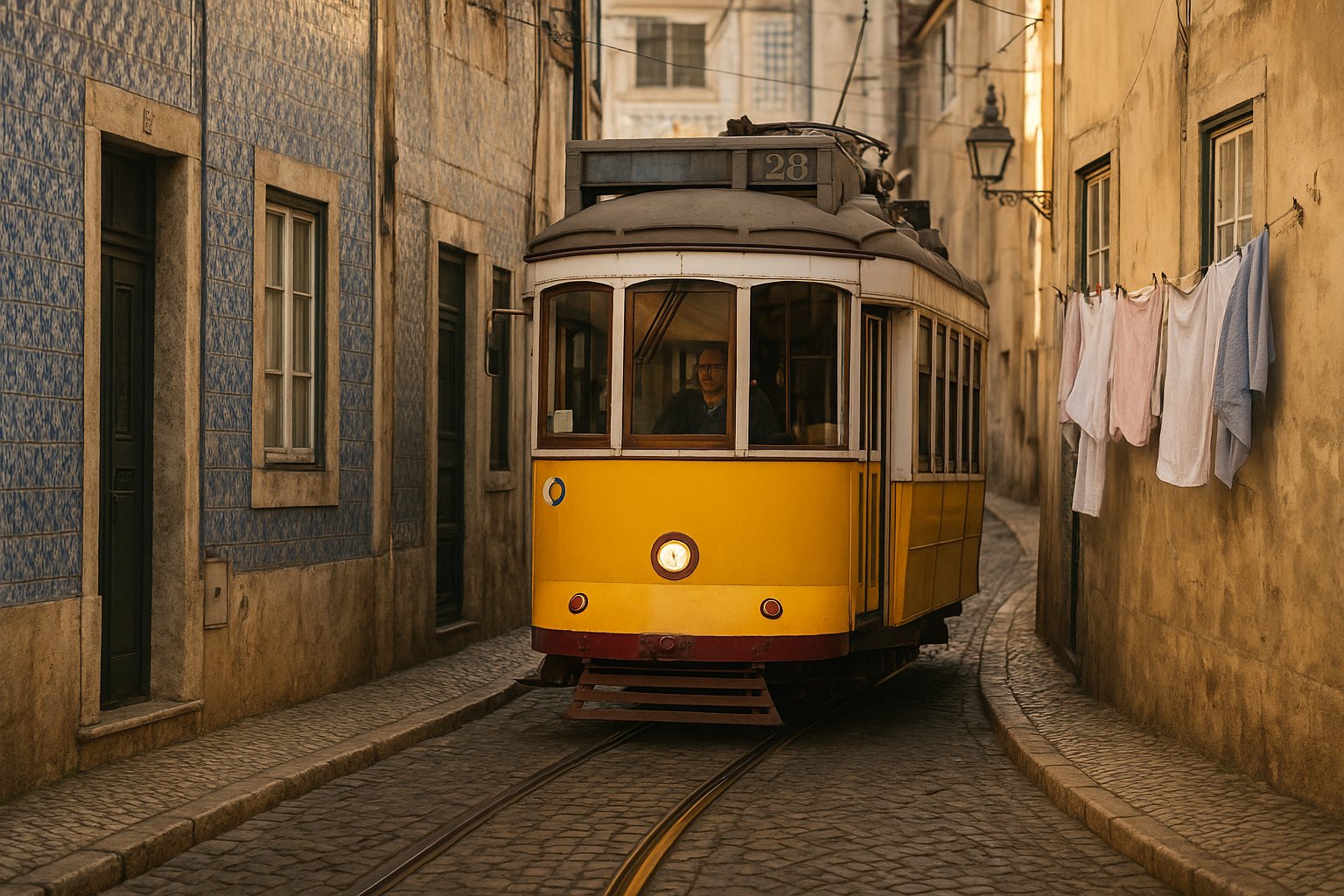 the number 28 tram squeezing through Alfama’s narrow cobbled lane, yellow carriage inches from tiled house fronts and hanging laundry in late afternoon light