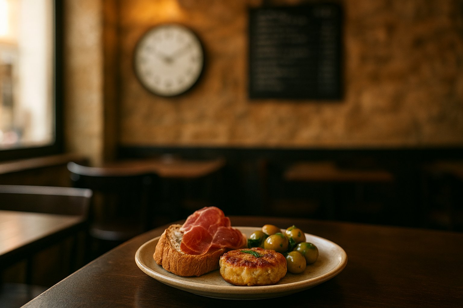 a small plate at Taberna Sal Grosso, modern petiscos on a dark tabletop in the intimate 27-seat room, warm evening light and chalkboard menu blurred behind