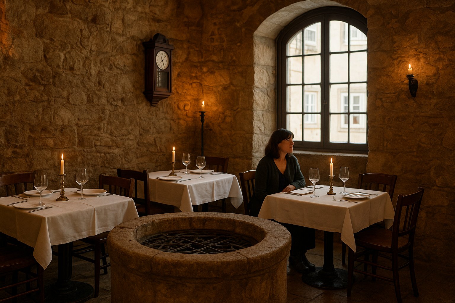 the stone-walled dining room at Clube de Fado, an old Moorish well visible beside candlelit tables before the first performance