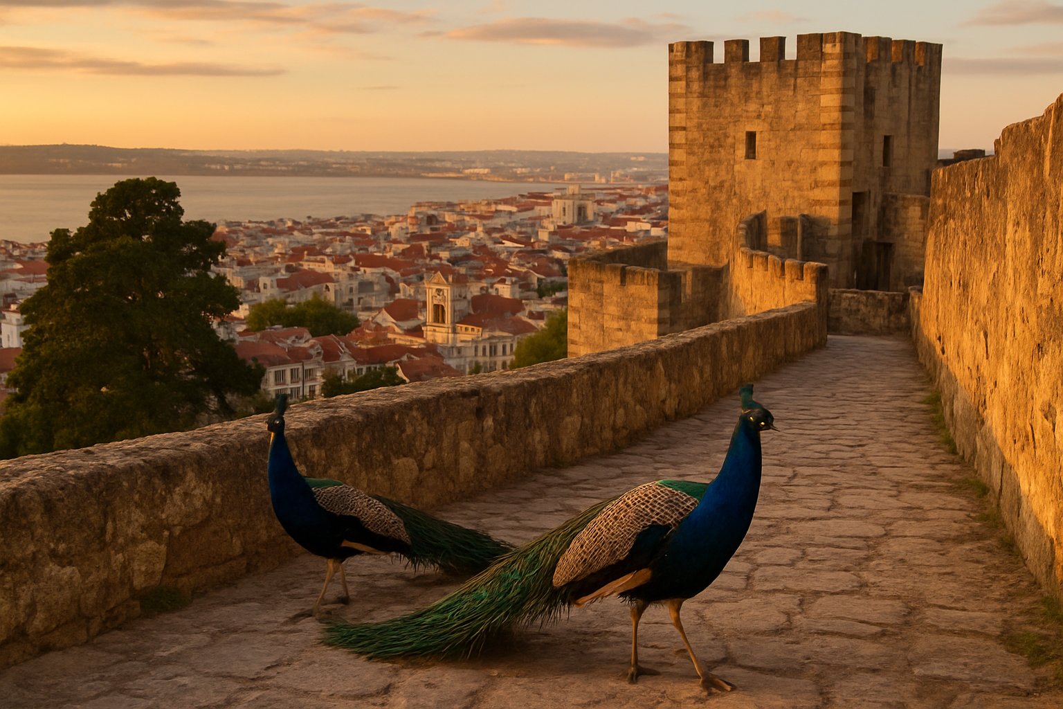 the ramparts of Castelo de São Jorge at golden hour, peacocks on the stone path and Lisbon spreading below toward the river