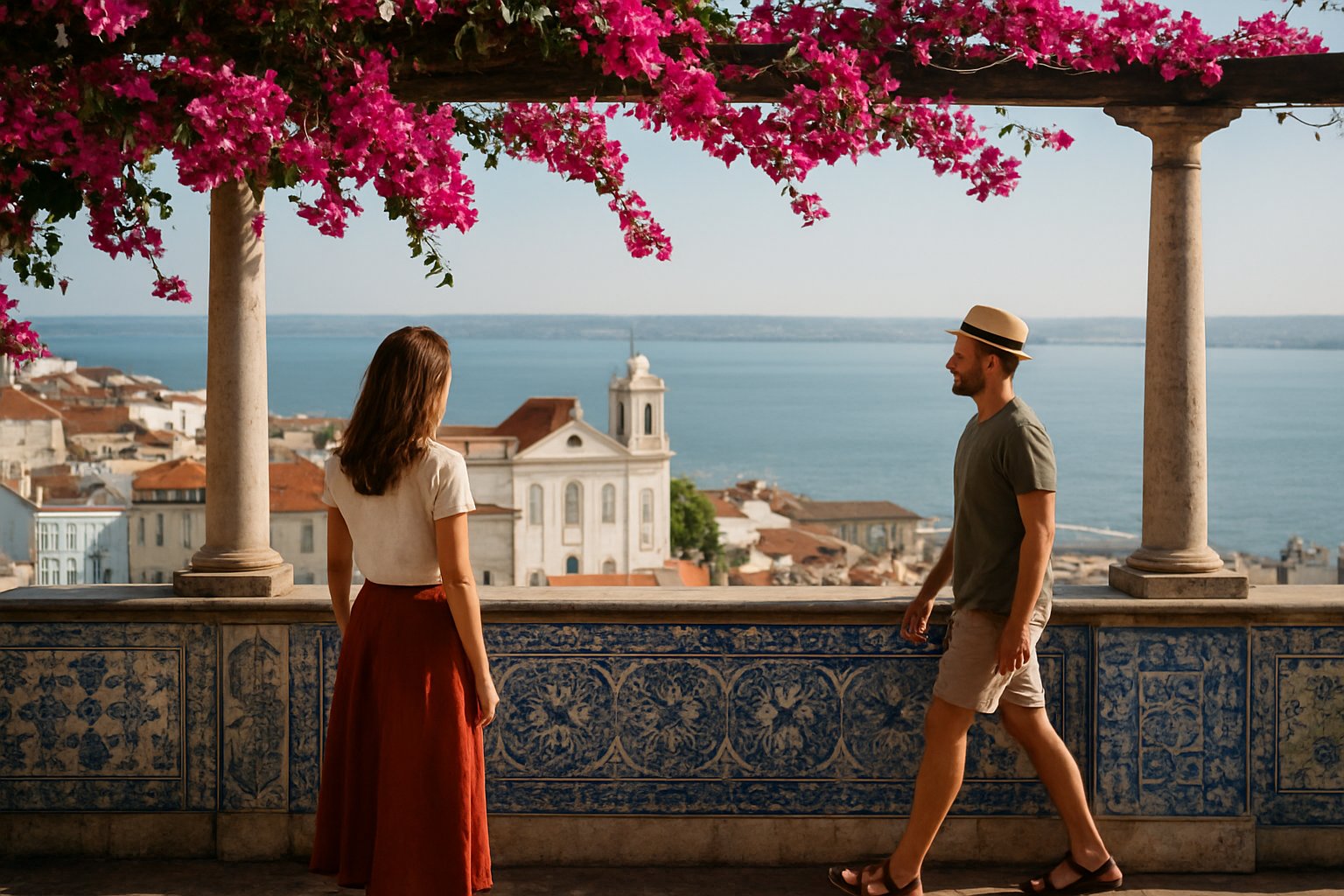 Miradouro de Santa Luzia with bougainvillea spilling over the terrace, blue-and-white tile panels and rooftops dropping toward the river