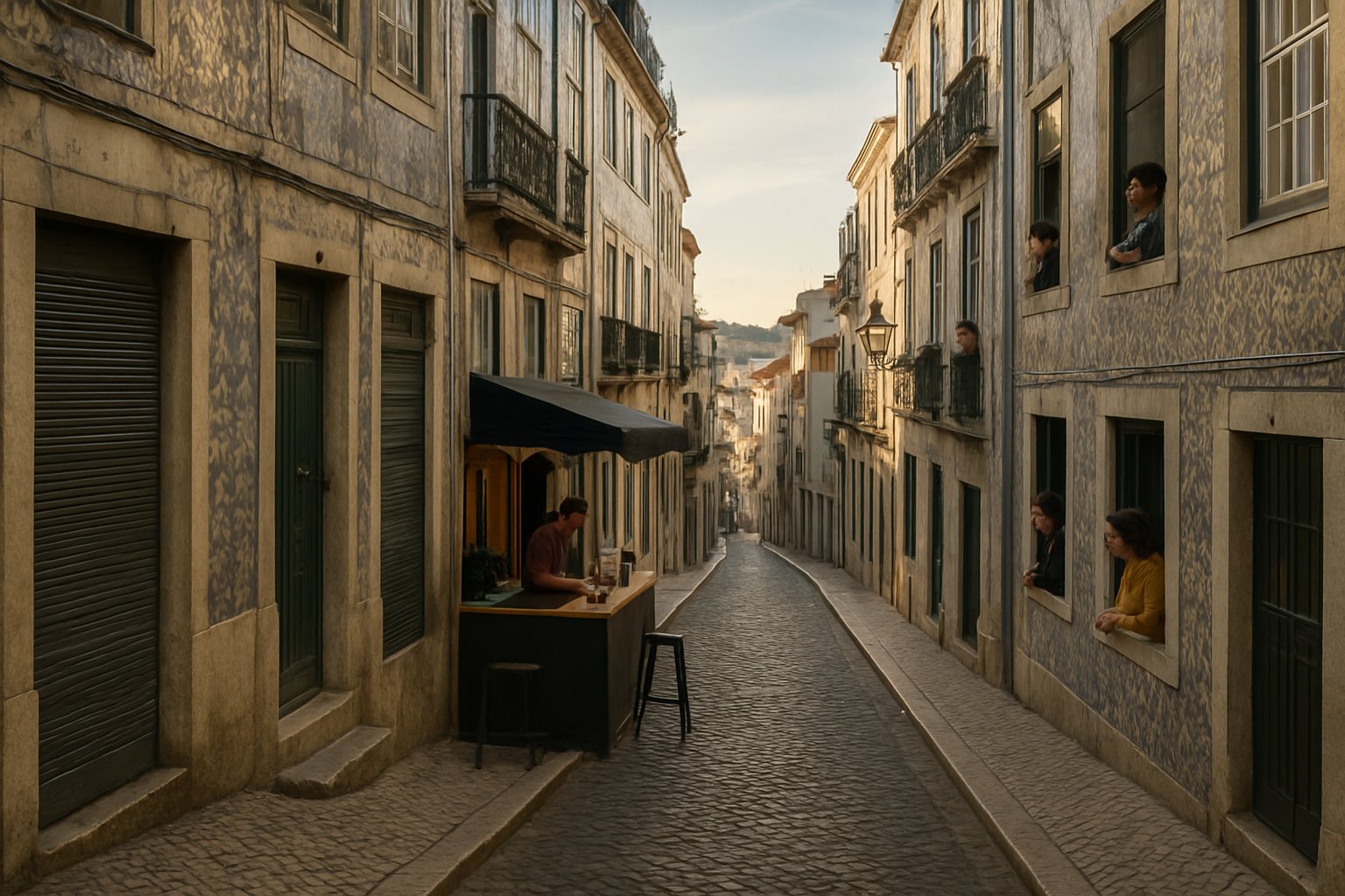 Rua da Rosa in Bairro Alto at late afternoon, shuttered shopfronts, a coffee counter and residents leaning from azulejo-fronted windows on the steep grid