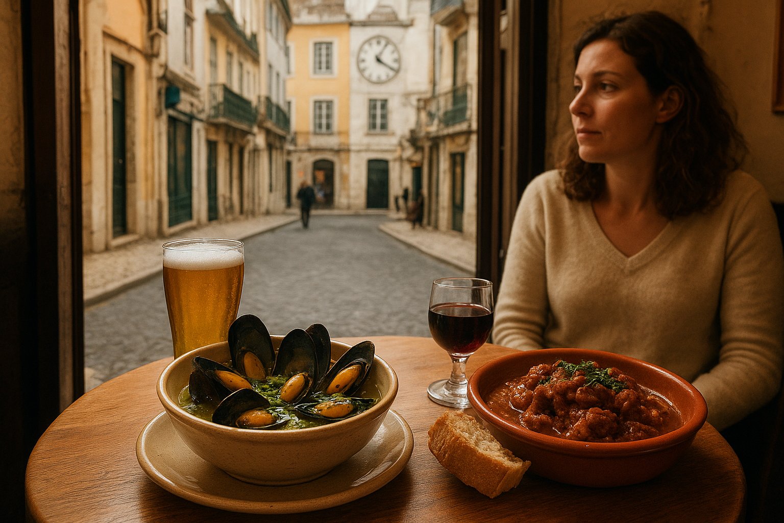 a tight petiscos table at Tapa Bucho on Rua dos Mouros, bowls of mexilhões à Bulhão Pato and pica-pau under warm indoor light