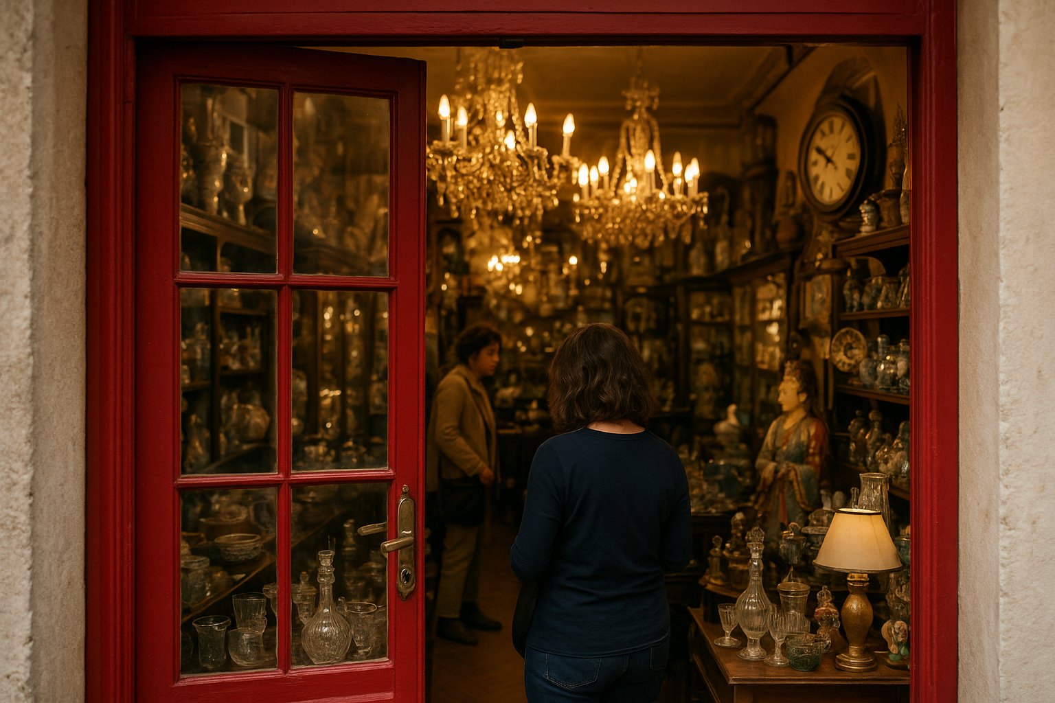 the red-door entrance and chandelier-lit salon atmosphere inside Pavilhão Chinês, crowded with vintage curiosities and glassware