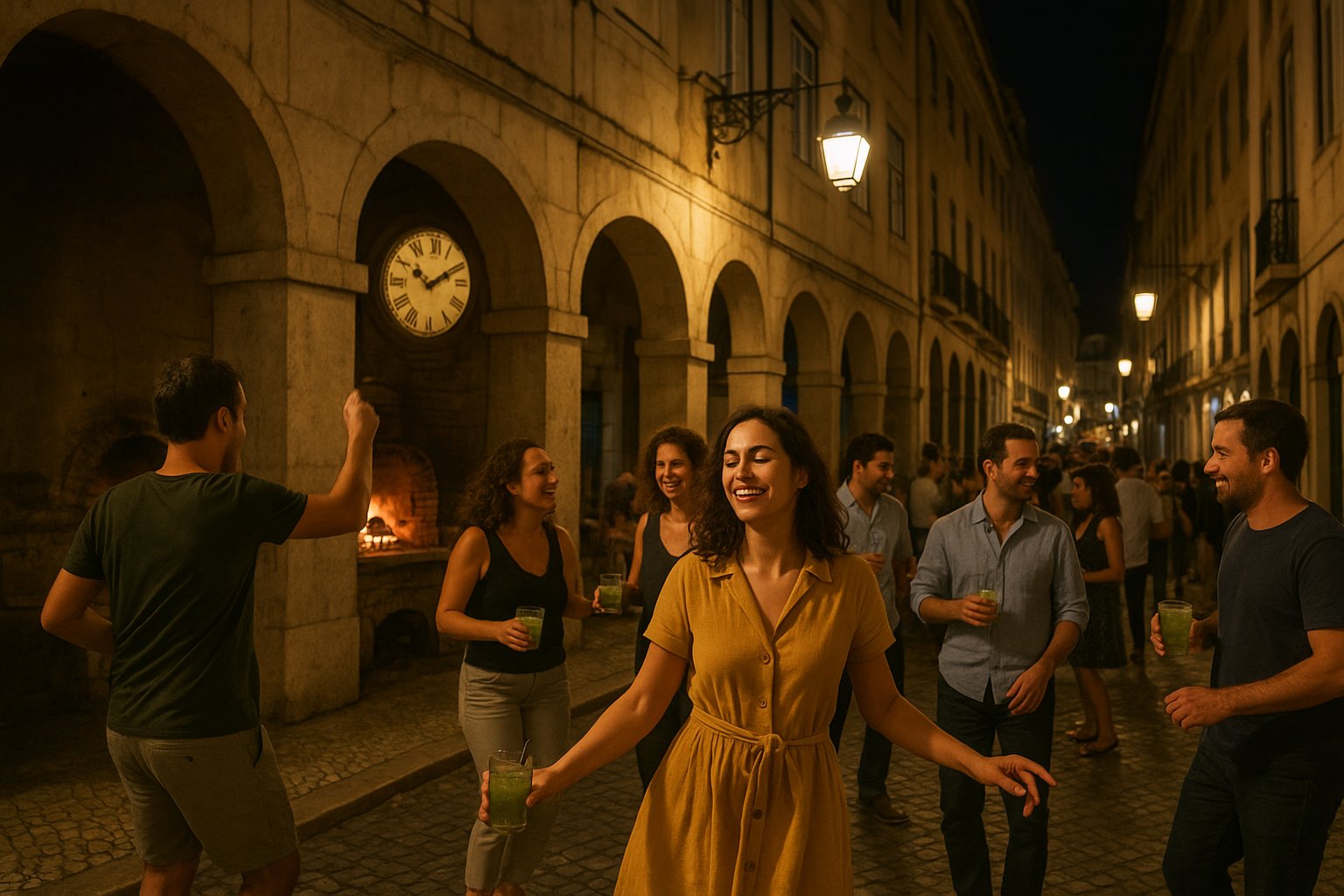 Maria Caxuxa on Rua da Barroca at night, stone arches, the old wood-fired oven visible and a small crowd dancing with caipirinhas