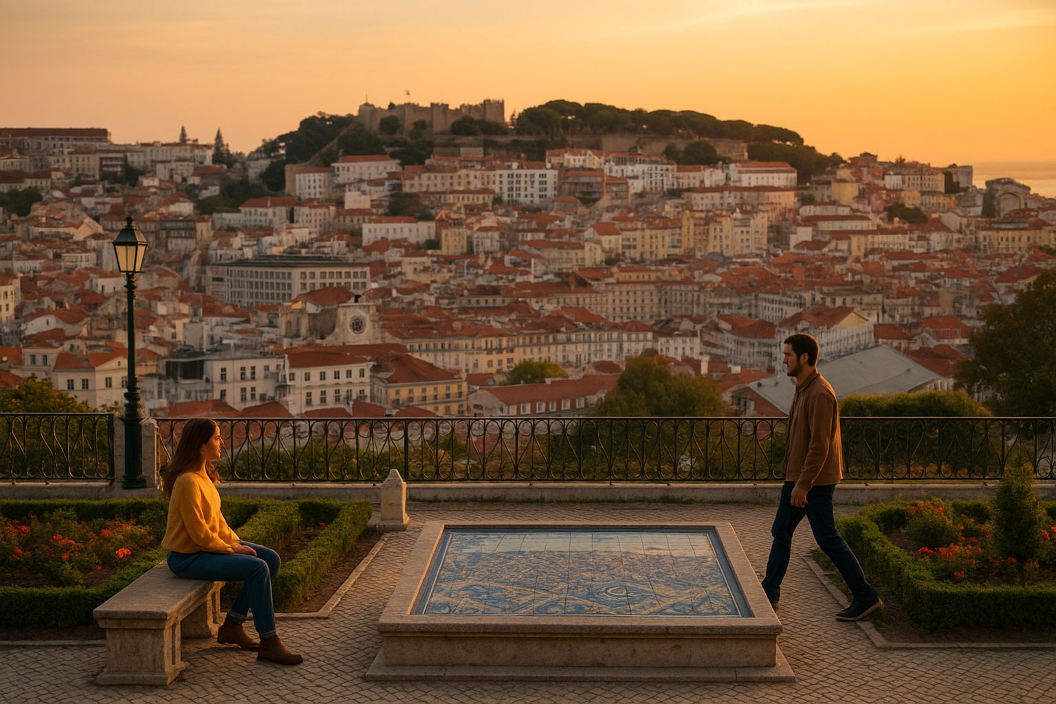 Miradouro de São Pedro de Alcântara at sunset, the two-tier garden, tiled map and wide view across Baixa to São Jorge Castle