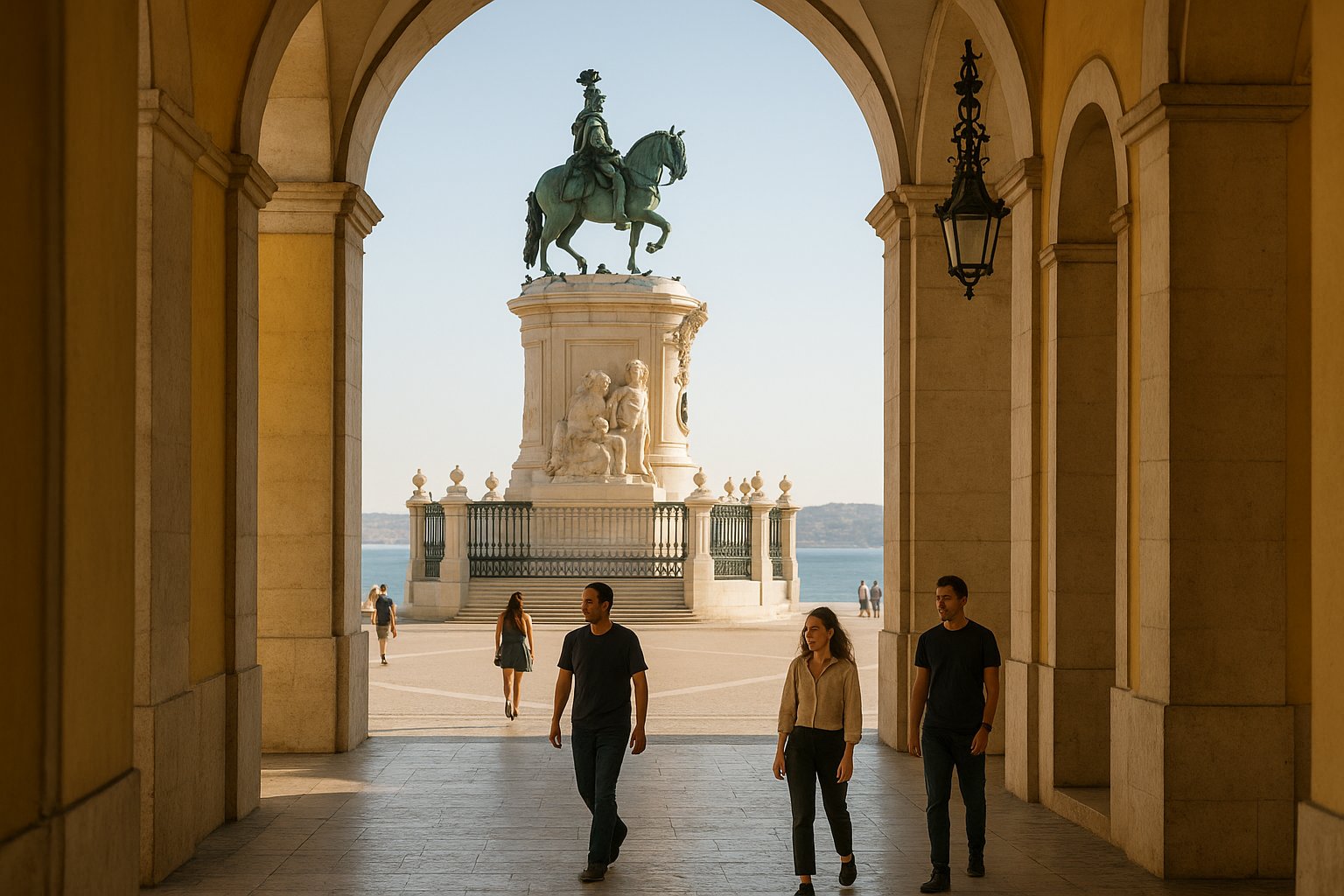 Praça do Comércio in late afternoon light, yellow arcades framing the bronze equestrian statue of King José I with the Tagus beyond