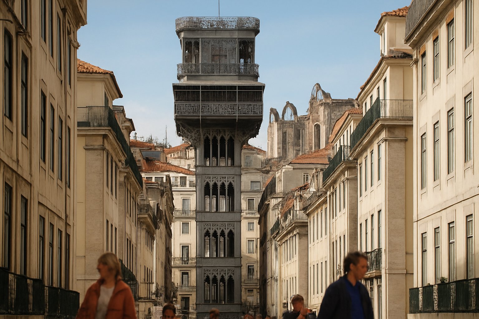 the Santa Justa Lift’s wrought-iron neo-Gothic tower rising above Baixa, with the roofless Carmo Convent visible beyond