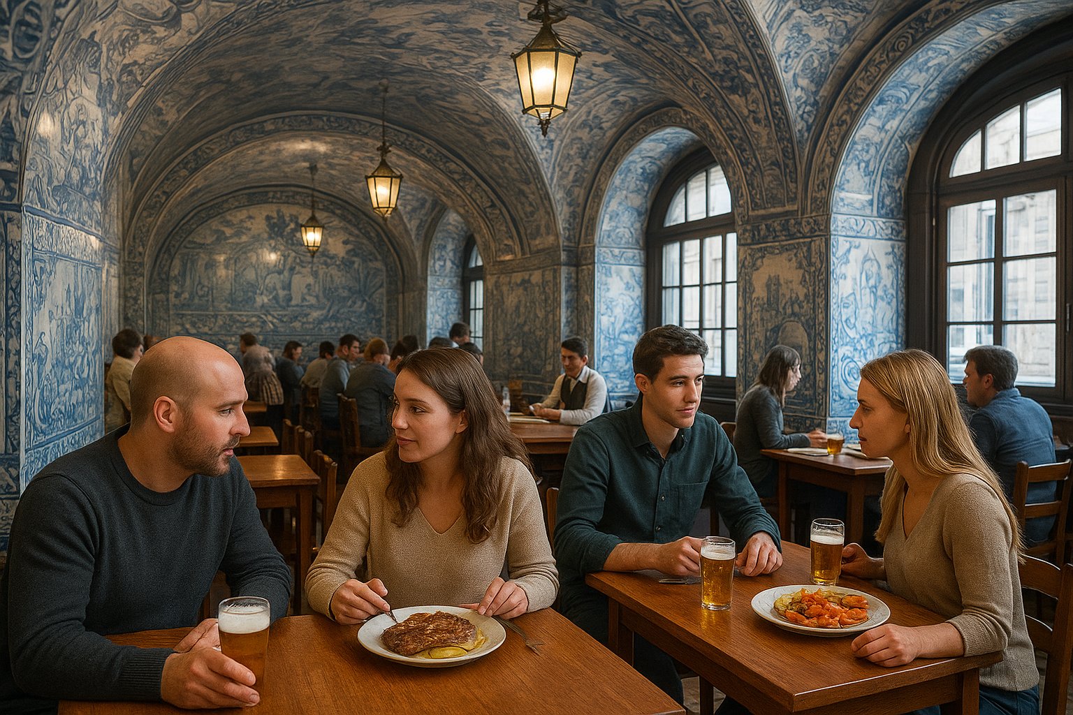 the tiled vaults inside Cervejaria Trindade, with beer glasses, azulejo walls and plates of steak and seafood on wooden tables