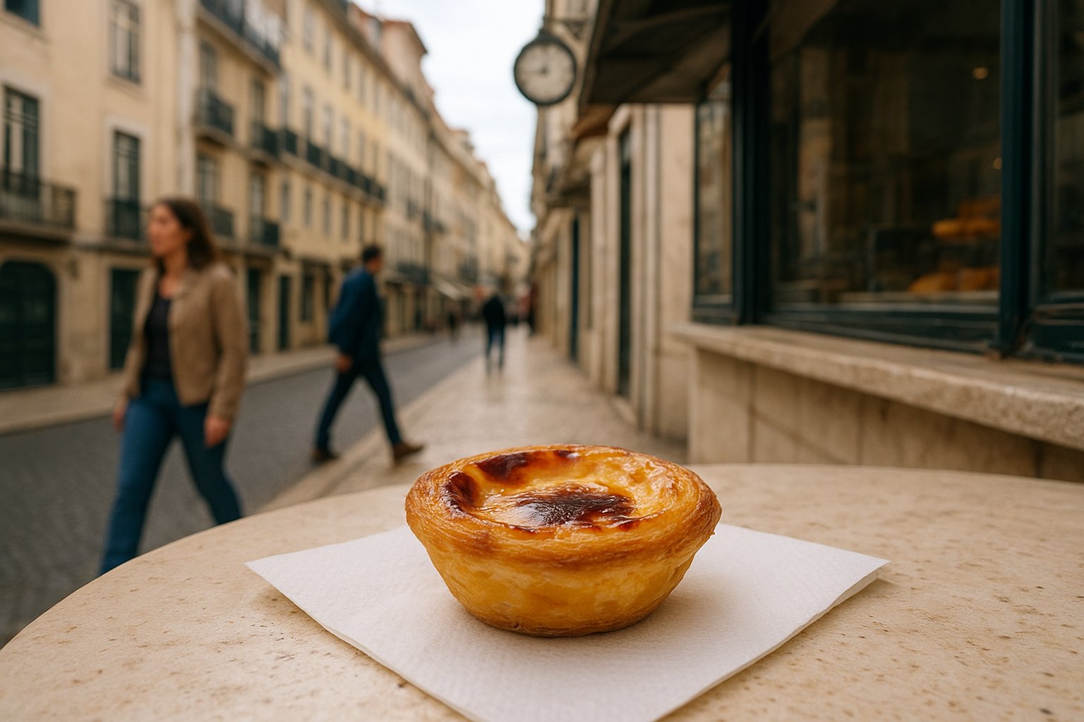 a warm pastel de nata from Manteigaria on a paper napkin, glossy custard with caramelised top beside the Rua do Loreto counter