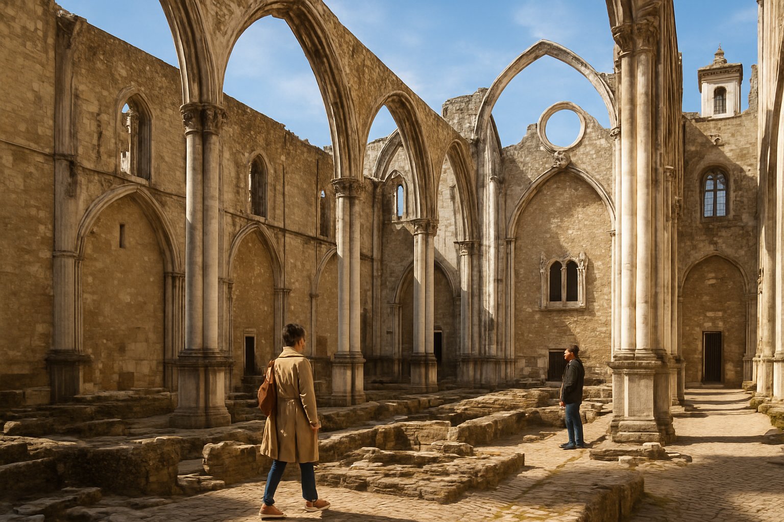 the roofless Carmo Convent nave under an open sky, with stone arches, archaeological remains and shafts of sunlight